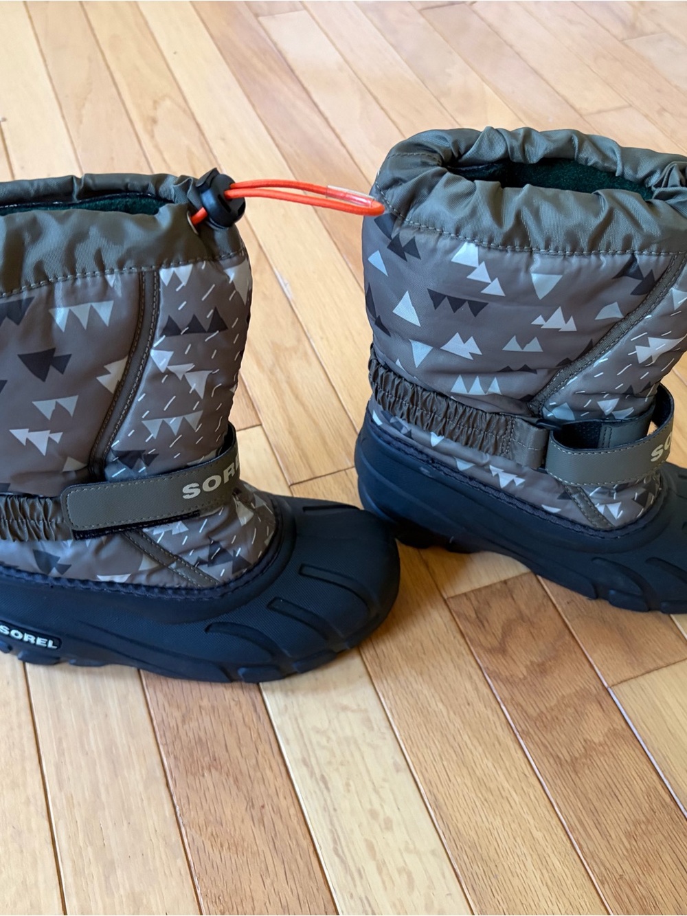 Sorel Kids Olive Green and Black Winter Boots with Orange Drawcord